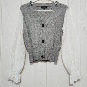 Lea & Viola Gray White Eyelet Sleeve Button Coquette Cardigan Sweater - Size S